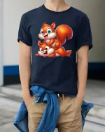 Cute Squirrel Friends Graphic Tee Funny Playful Cartoon T Shirt - model wearing navy tee with hands in pockets