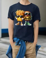 Funny Burger And Fries Graphic Tee Cool Cartoon Food T Shirt - model wearing navy tee with hands in pockets