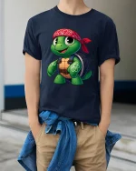 Cool Turtle Bandana Graphic Tee Cute Street Style T Shirt - model wearing navy tee with hands in pockets