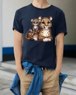 Cute Leopard And Cub Graphic Tee Adorable Wildlife Cartoon T Shirt - model wearing navy tee with hands in pockets