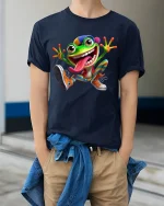 Funny Crazy Frog Cartoon Graphic Tee Colorful Playful Art T Shirt - model wearing navy tee with hands in pockets