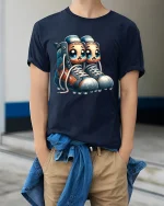 Cute Cartoon Sneakers Graphic Tee Funny Kawaii Shoe Art T Shirt - model wearing navy tee with hands in pockets
