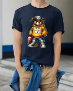 Cool Football Bear Street Style Graphic Tee Urban Fan Art T Shirt - model wearing navy tee with hands in pockets