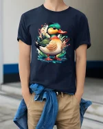 Colorful Duck Art Graphic Tee Cute Watercolor Animal T Shirt - model wearing navy tee with hands in pockets