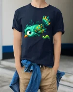 Cute Bird And Caterpillar Graphic Tee Colorful Nature Art T Shirt - model wearing navy tee with hands in pockets