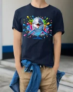 Colorful Dolphin Splash Graphic Tee Fun Ocean Art T Shirt - model wearing navy tee with hands in pockets