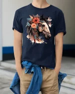 Floral Horse Portrait Graphic Tee Boho Western Art T Shirt - model wearing navy tee with hands in pockets