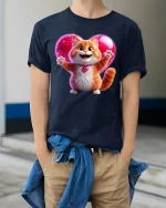 Cute Cat Heart Love Graphic Tee Adorable Valentine Style T Shirt - model wearing navy tee with hands in pockets