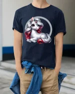 Cute Unicorn Fantasy Graphic Tee Magical Sparkle Art T Shirt - model wearing navy tee with hands in pockets