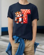 Cute Tiger Letter T Graphic Tee Sweet Heart Cartoon T Shirt - model wearing navy tee with hands in pockets