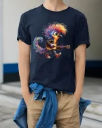 Rock Bird Guitar Graphic Tee Colorful Music Art T Shirt - model wearing navy tee with hands in pockets