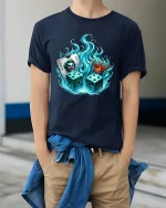 Joker Dice Crown Graphic Tee Fiery Casino Art T Shirt - model wearing navy tee with hands in pockets