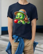 Cute Turtle Apple Graphic Tee Adorable Cartoon Nature T Shirt - model wearing navy tee with hands in pockets