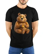 Cute Bear Honey Graphic Tee Adorable Cozy Cartoon T Shirt - model wearing black tee with hands behind back
