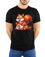 Cute Squirrel Friends Graphic Tee Funny Playful Cartoon T Shirt - model wearing black tee with hands behind back