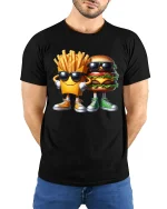 Funny Burger And Fries Graphic Tee Cool Cartoon Food T Shirt - model wearing black tee with hands behind back