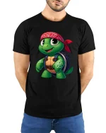 Cool Turtle Bandana Graphic Tee Cute Street Style T Shirt - model wearing black tee with hands behind back