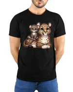 Cute Leopard And Cub Graphic Tee Adorable Wildlife Cartoon T Shirt - model wearing black tee with hands behind back
