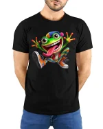 Funny Crazy Frog Cartoon Graphic Tee Colorful Playful Art T Shirt - model wearing black tee with hands behind back