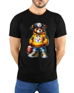 Cool Football Bear Street Style Graphic Tee Urban Fan Art T Shirt - model wearing black tee with hands behind back