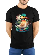 Colorful Duck Art Graphic Tee Cute Watercolor Animal T Shirt - model wearing black tee with hands behind back