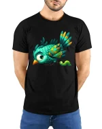 Cute Bird And Caterpillar Graphic Tee Colorful Nature Art T Shirt - model wearing black tee with hands behind back