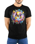 Funny Cartoon Family Donut Graphic Tee Colorful Pop Art T Shirt - model wearing black tee with hands behind back