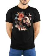 Floral Horse Portrait Graphic Tee Boho Western Art T Shirt - model wearing black tee with hands behind back