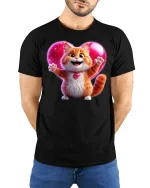 Cute Cat Heart Love Graphic Tee Adorable Valentine Style T Shirt - model wearing black tee with hands behind back