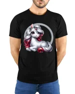 Cute Unicorn Fantasy Graphic Tee Magical Sparkle Art T Shirt - model wearing black tee with hands behind back