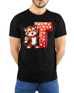 Cute Tiger Letter T Graphic Tee Sweet Heart Cartoon T Shirt - model wearing black tee with hands behind back