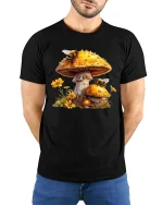 Mushroom Bee Nature Art Graphic Tee Whimsical Forest T Shirt - model wearing black tee with hands behind back