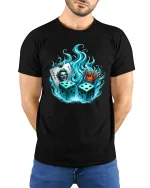 Joker Dice Crown Graphic Tee Fiery Casino Art T Shirt - model wearing black tee with hands behind back