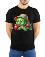 Cute Turtle Apple Graphic Tee Adorable Cartoon Nature T Shirt - model wearing black tee with hands behind back