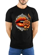 Rose Lips Music Note Graphic Tee Bold Artistic Love T Shirt - model wearing black tee with hands behind back