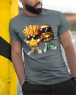Funny Burger And Fries Graphic Tee Cool Cartoon Food T Shirt - model wearing grey tee, leaning on column