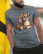 Cute Leopard And Cub Graphic Tee Adorable Wildlife Cartoon T Shirt - model wearing grey tee, leaning on column