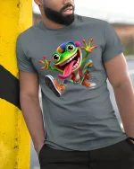Funny Crazy Frog Cartoon Graphic Tee Colorful Playful Art T Shirt - model wearing grey tee, leaning on column