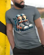 Cute Cartoon Sneakers Graphic Tee Funny Kawaii Shoe Art T Shirt - model wearing grey tee, leaning on column