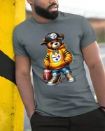 Cool Football Bear Street Style Graphic Tee Urban Fan Art T Shirt - model wearing grey tee, leaning on column