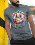 Funny Cartoon Family Donut Graphic Tee Colorful Pop Art T Shirt - model wearing grey tee, leaning on column