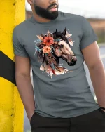 Floral Horse Portrait Graphic Tee Boho Western Art T Shirt - model wearing grey tee, leaning on column