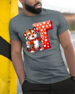 Cute Tiger Letter T Graphic Tee Sweet Heart Cartoon T Shirt - model wearing grey tee, leaning on column