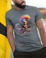 Rock Bird Guitar Graphic Tee Colorful Music Art T Shirt - model wearing grey tee, leaning on column
