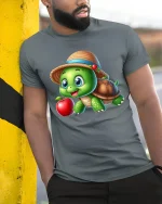Cute Turtle Apple Graphic Tee Adorable Cartoon Nature T Shirt - model wearing grey tee, leaning on column