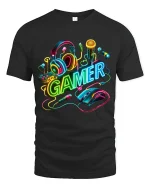 Neon Gamer Headset Mouse Keyboard Colorful Gaming Graphic T Shirt - black t-shirt on white background