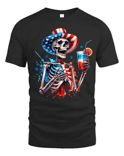 Patriotic Skeleton Drink Graphic T Shirt American Style Art - black t-shirt on white background
