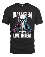Dead System Live Threat Cyberpunk Skeleton Graphic T Shirt - black t-shirt on white background