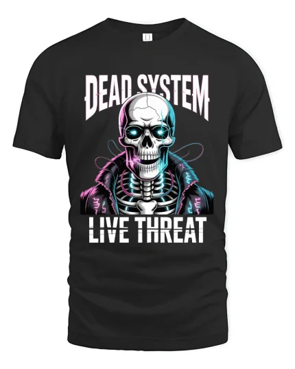 Dead System Live Threat Cyberpunk Skeleton Graphic T Shirt - black t-shirt on white background