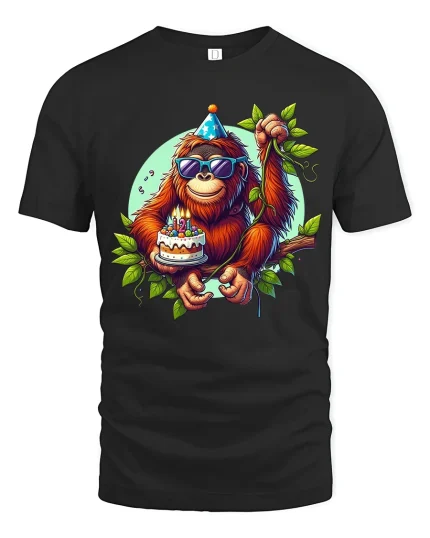 Funny Orangutan Birthday Party Graphic T Shirt With Cake - black t-shirt on white background